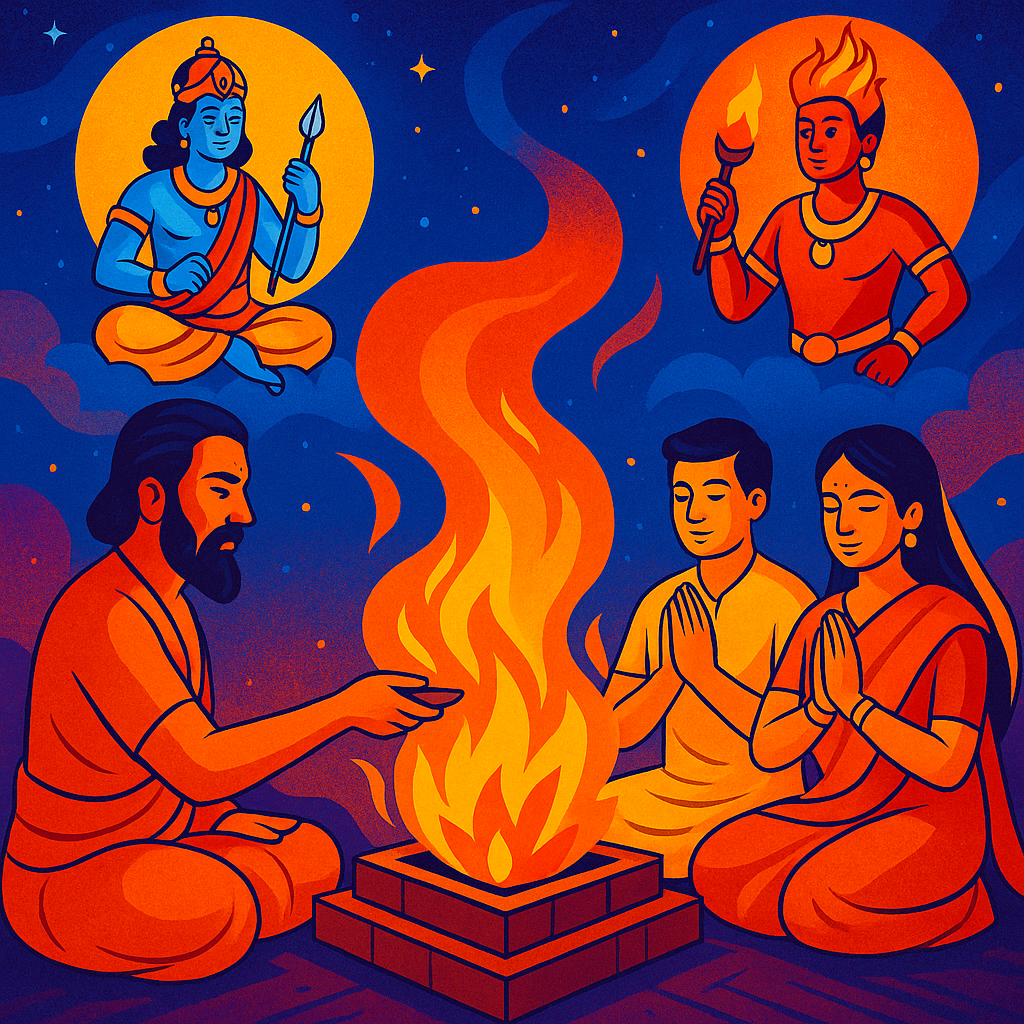 Hindu ritual, yagna ceremony, Vedic priest, sacred fire, Agni, Indra, Indian tradition, fire worship, Hindu devotion, ancient wisdom, Hinduinfopedia
