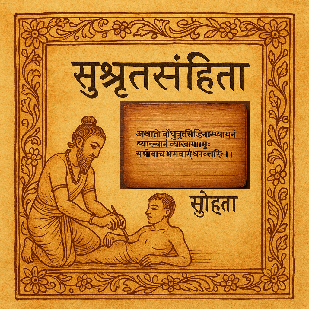 Sushruta Samhita, ancient Indian medicine, Hindu medical science, Ayurveda, palm leaf manuscript, Devanagari script, traditional surgery, Vedic science, Indian heritage, medical history, Surgeon Sushruta’s Scalpel