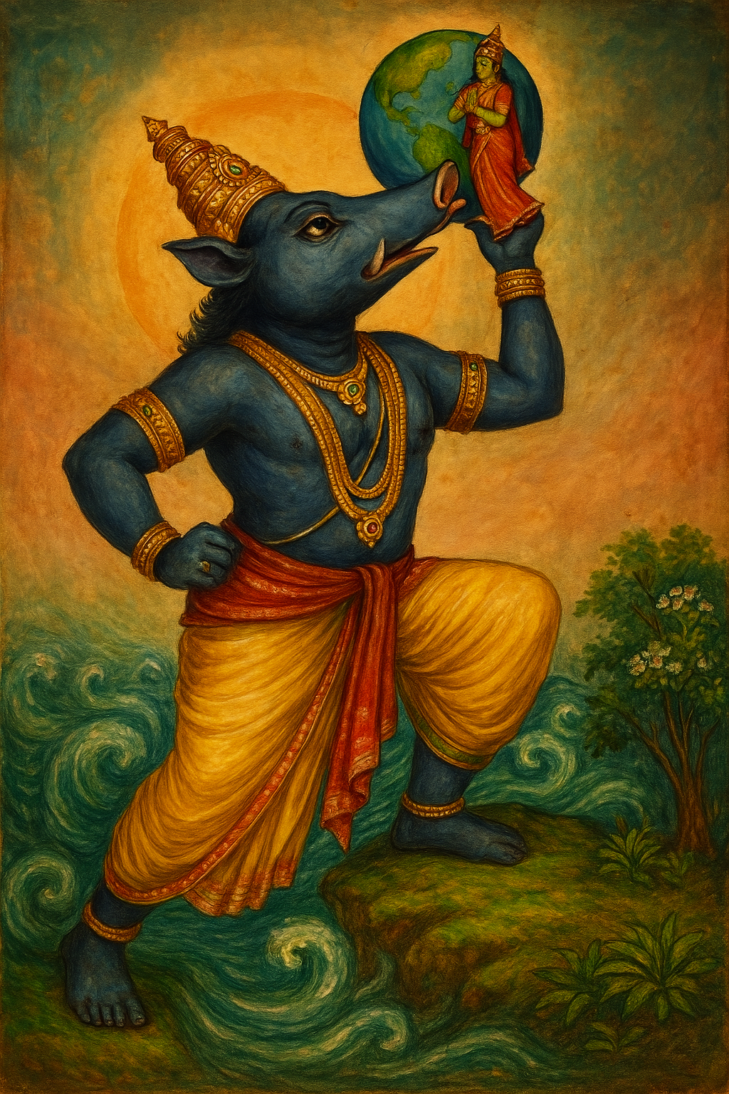 Bhagwan Varaha, Vishnu avatar, Hindu mythology, Bhudevi, Garbhodaka ocean, Egon Schiele, expressionist art, tectonics, ancient science, Vedic wisdom, Kashmir, Satisaras Lake, geological uplift, cosmic narrative, Hindu texts, scientific insight