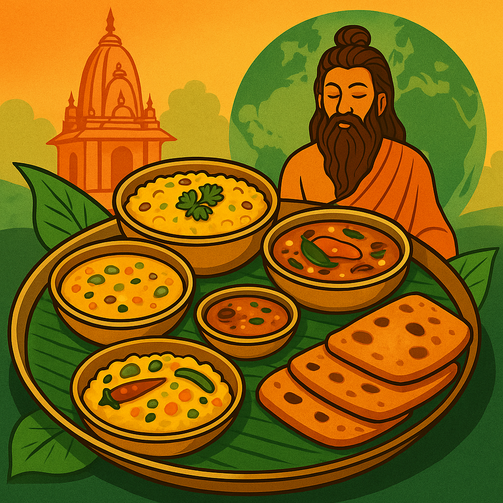 Hindu vegan food, Bharatiya thali, sustainable diet, plant-based tradition, Indian temple, sage illustration, sattvic meal, vegan India, Hinduinfopedia