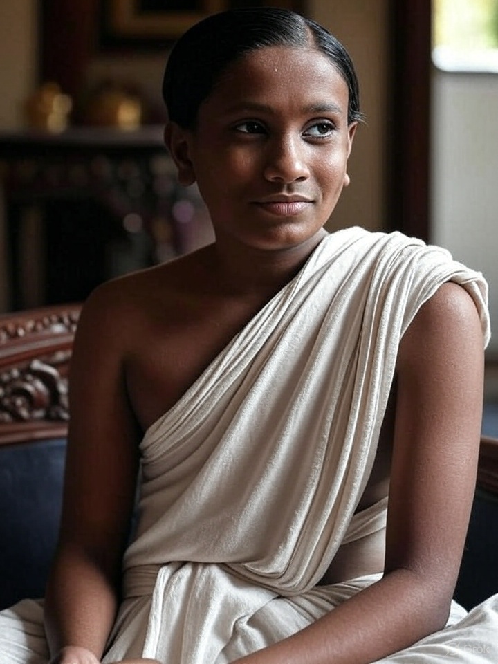 Vedic attire, traditional Indian dress, young sage, Indian heritage, cultural portrait, classical India, dhoti style, ancient India, serene expression, indoor portrait