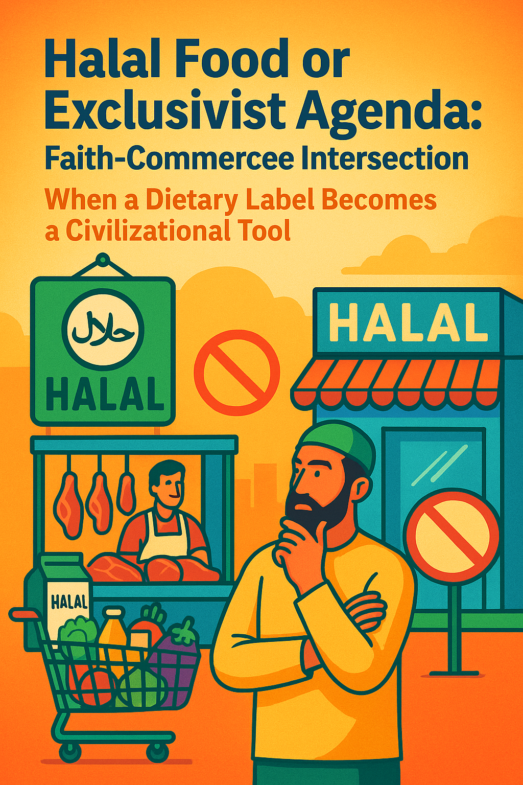 Halal, faith-commerce, food politics, religious certification, exclusive labeling, halal economy, dietary law, civilizational identity, religious influence, supply chain control, visual commentary