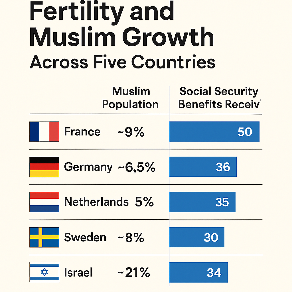 fertility, Muslim population, social security, demographic shift, Europe demographics, Israel welfare, ideological growth, Hinduinfopedia, migration data