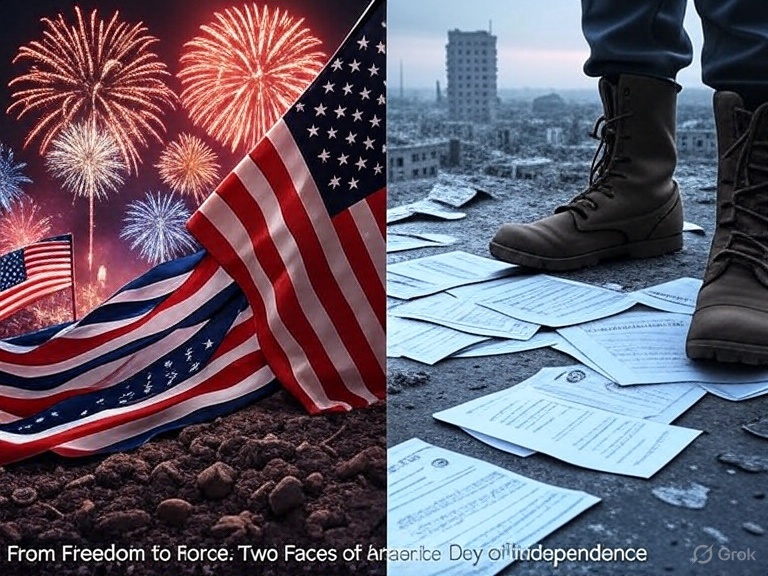 America Day of Independence, U.S. flag fireworks, military boots on papers, American power, war and liberty contrast, U.S. empire symbolism, dual legacy of America, global enforcer, Declaration of Independence symbolism, patriotic vs. imperialist America