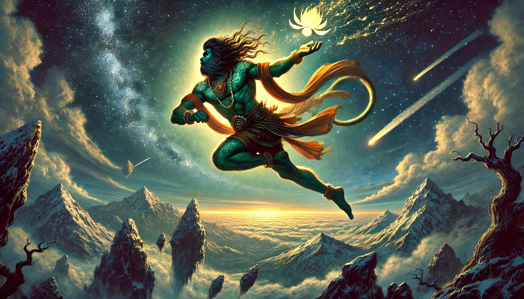 Hanuman, Sanjeevani, Ramayana, CosmicArt, HinduEpic, Celestial, DivineStrength, Mythology, Hinduinfopedia
