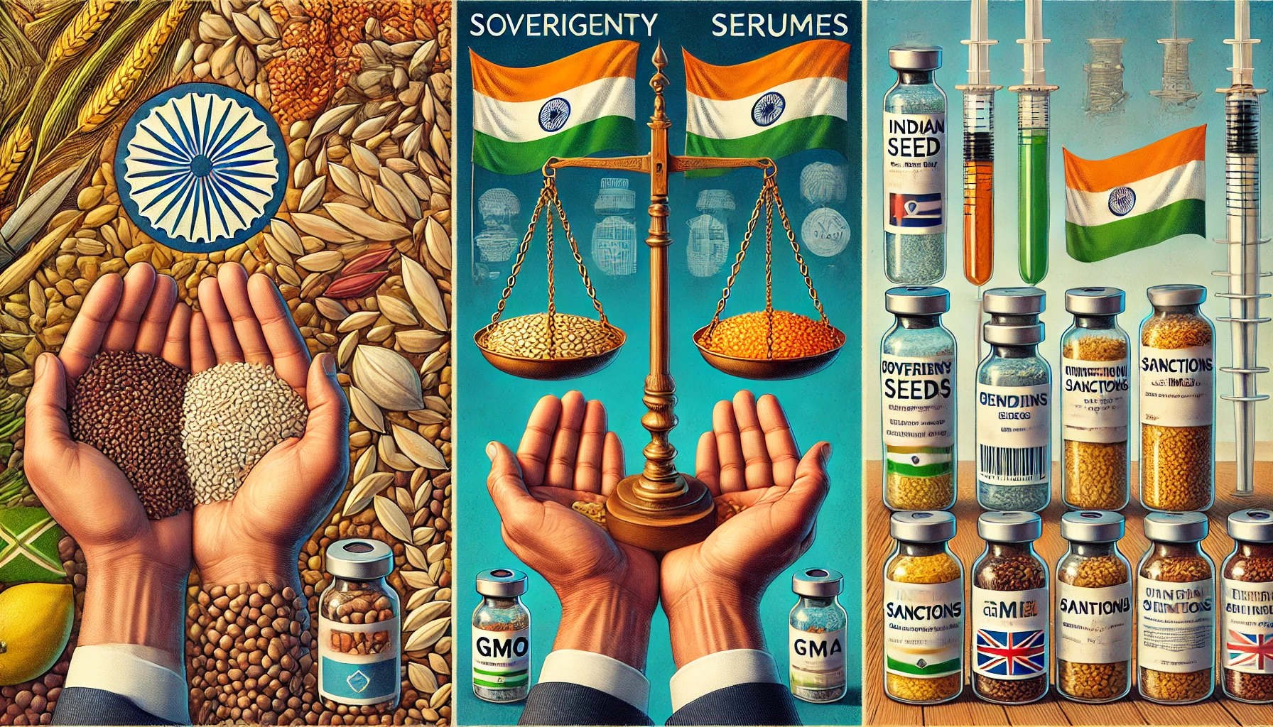 India, Bharat, sovereignty, sanctions, global trade, vaccine diplomacy, GMO seeds, seed sovereignty, traditional agriculture, triptych, geopolitical pressure, Donald Trump tariffs, vaccine politics, civilizational resistance, economic warfare, Indian economy, biotech control, dharma, lotus, digital art, Devanagari script, Indian tricolor, food sovereignty, pharmaceutical politics, made in India, economic nationalism, covid vaccines, seed freedom