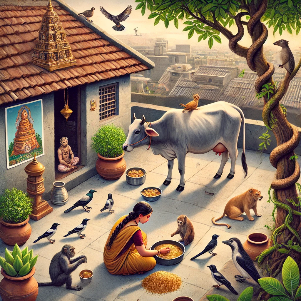 Hindu tradition, rooftop garden, feeding animals, sacred tree, Indian culture, urban nature, cow worship, spiritual lifestyle, birds and animals, eco-conscious living, Indian woman, dharmic life, rooftop rituals, peaceful terrace, co-existence