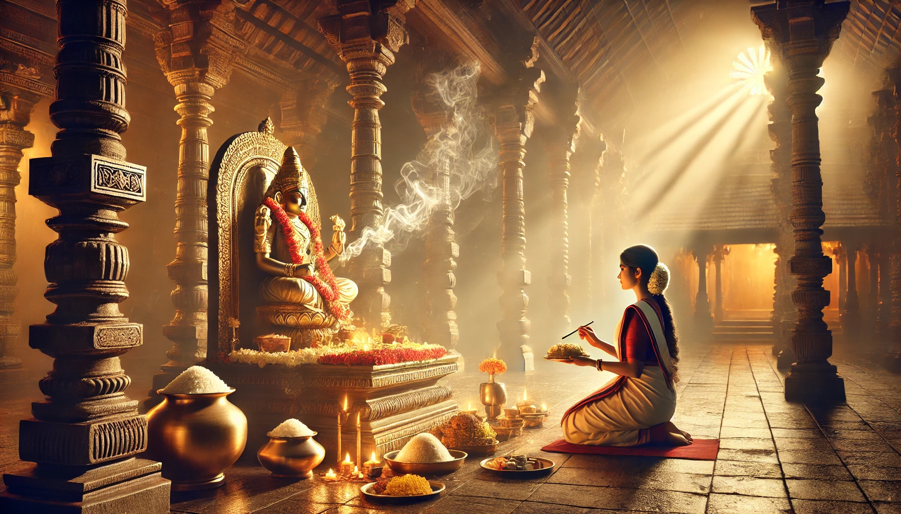 South Indian temple, Hindu ritual, prasada offering, spiritual transformation, dawn light, incense smoke, traditional devotion, brass lamps, vegetarian food offering, sacred altar, devotional atmosphere, Indian culture, bhoga and prasada, religious ceremony, divine blessing