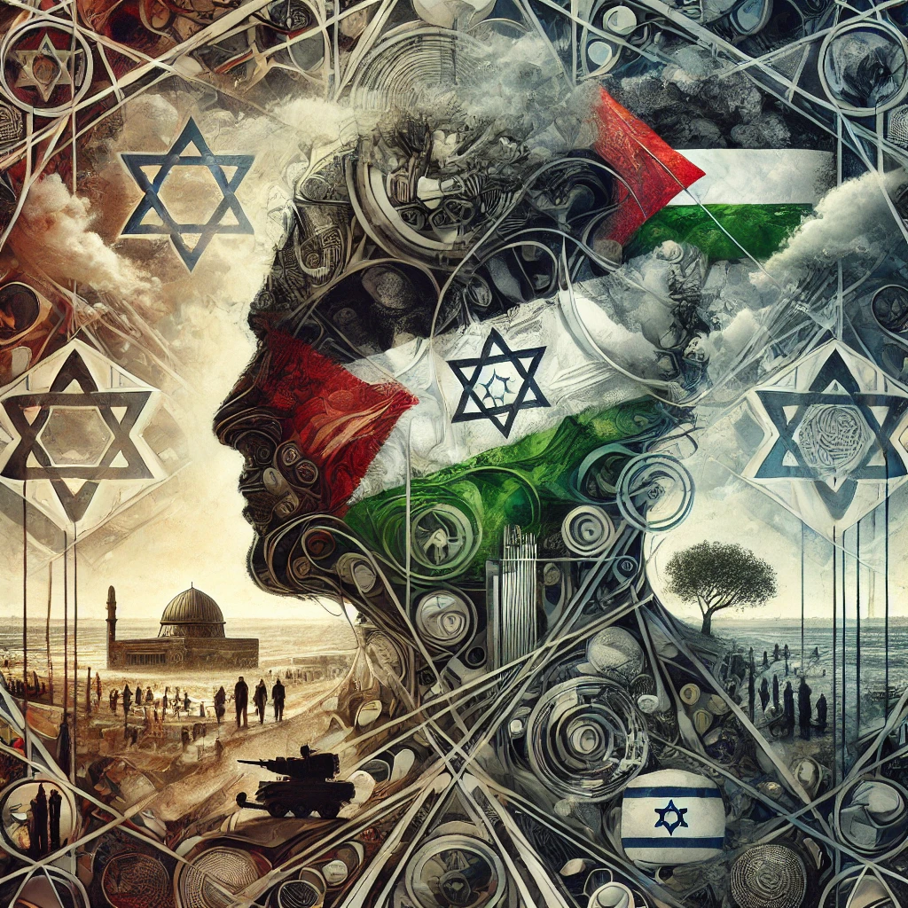 Israel-Palestine conflict, peace process, historical turmoil, religious symbolism, abstract art, political strife, Middle East peace, digital artwork, Oslo Accord