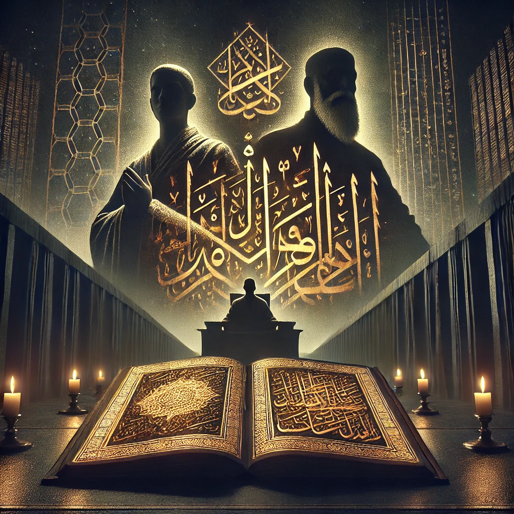 religious authority, Islamic law, obedience, scripture and power, authority paradox, theology and law, symbolic illustration, ancient texts, modern implications, ideological control, jurisprudence, belief and authority