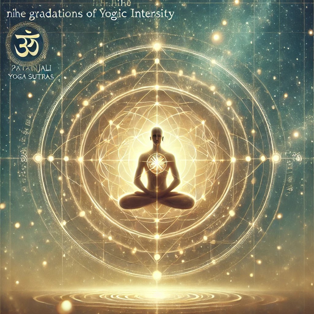 Patanjali Yoga Sutras, yogic intensity, samvega, samadhi, meditation, Indian philosophy, spiritual progress, sacred geometry, Vedic wisdom, consciousness studies, yoga practice, enlightenment, ancient Hindu science, Nine Gradations of Yoga Practice