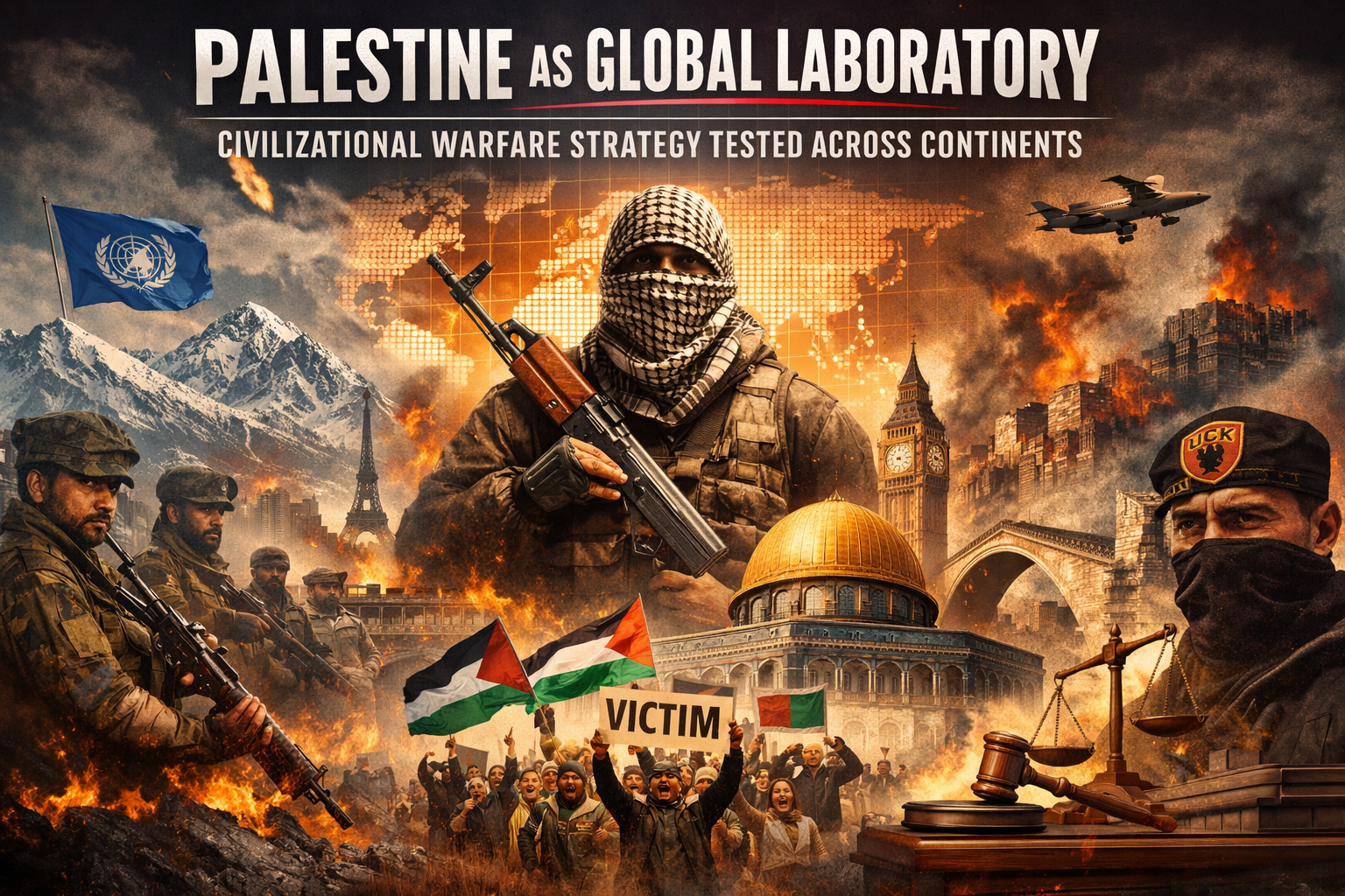Palestine, Kosovo, Kashmir, civilizational warfare, geopolitical strategy, global conflict patterns, demographic warfare, lawfare, narrative warfare, UN politics, international institutions, territorial conflict, ideological warfare, strategic maps, Palestine as Global Laboratory, Palestine as Global Laboratory