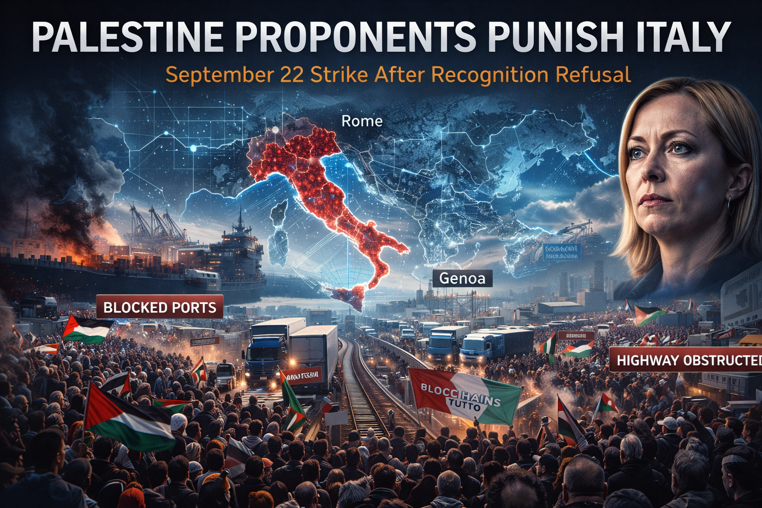 Italy general strike, infrastructure paralysis, port blockade, railway shutdown, highway blockade, pro Palestine protests, economic warfare, political coercion, European unrest, supply chain disruption