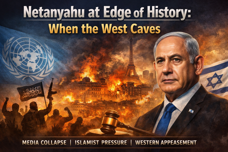 Netanyahu, Israel, UN, United Nations, Middle East conflict, Gaza war, Western politics, lawfare, geopolitical crisis, civilizational conflict, media narrative, Hamas, Europe unrest, international law, diplomatic tension, global politics, HinduinfoPedia