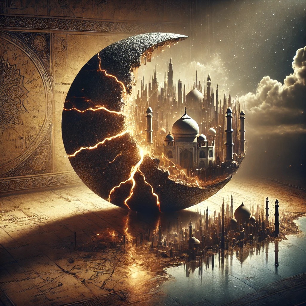 fractured unity, geopolitical tension, Islamic history symbolism, crescent fracture, historical conflict theme, Middle East map art, South Asia geopolitics, cinematic digital illustration, civilizational analysis, strategic commentary visual