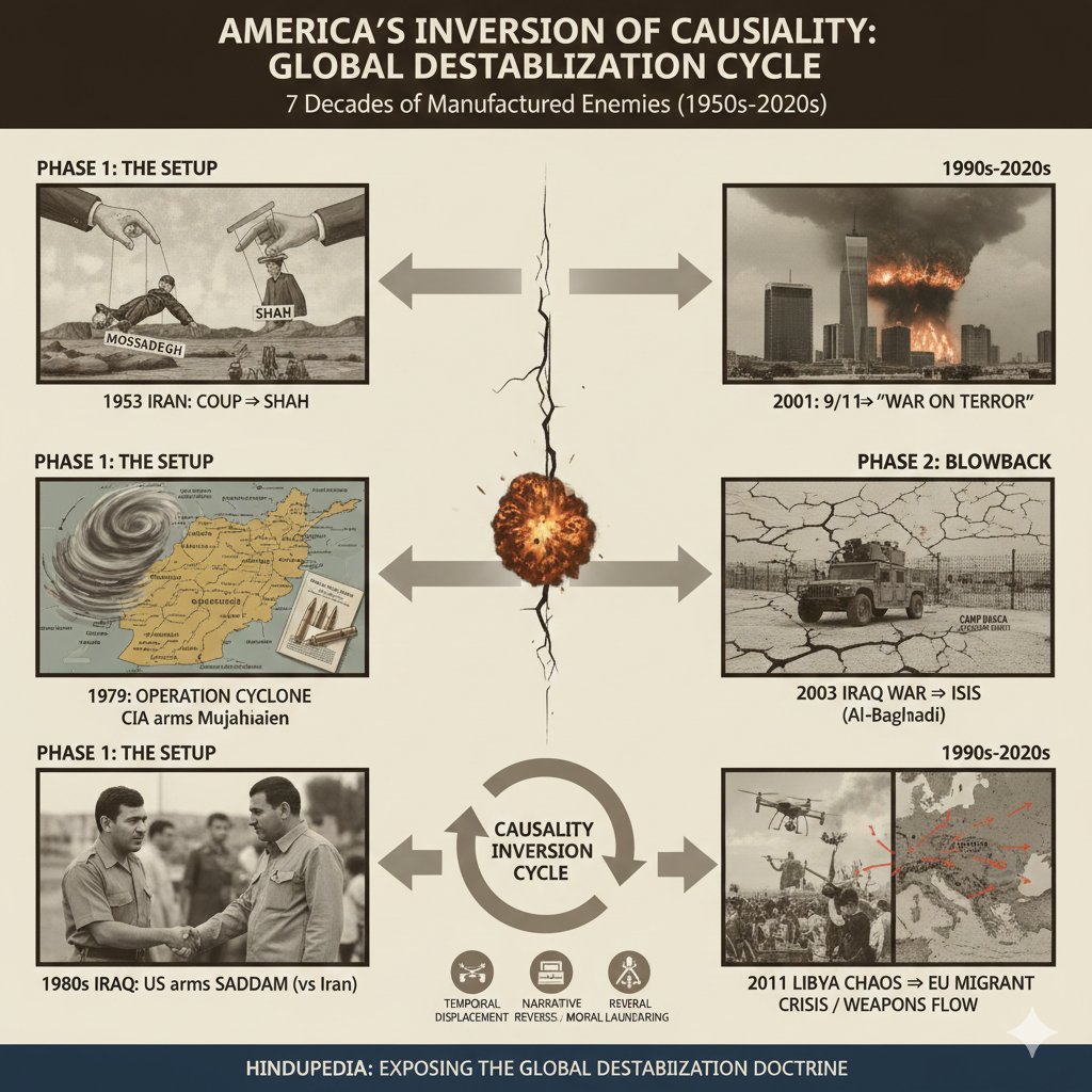 America's Inversion of Causality, Global Destabilization Doctrine, Manufactured Enemies, Operation Cyclone, 1953 Iran Coup, Saddam Hussein US support, Rise of ISIS, Libya intervention consequences, Geopolitical Causality, CIA covert operations, Blowback effect, Foreign Origins of terrorism