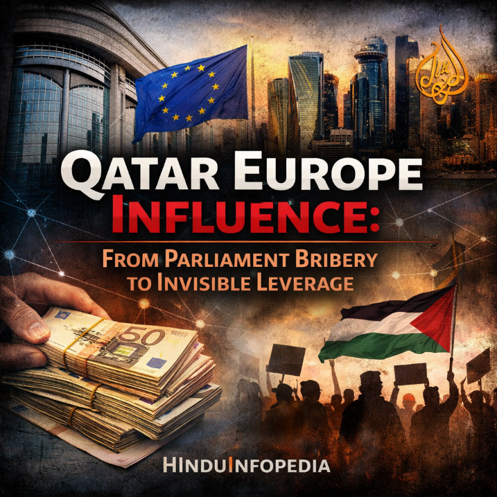 Qatar Europe influence, Qatargate scandal, European Parliament corruption, Qatar political influence, Doha skyline, EU politics, Palestine recognition crisis, Gulf influence in Europe, Muslim Brotherhood networks, European protests, geopolitical influence operations, investigative journalism illustration