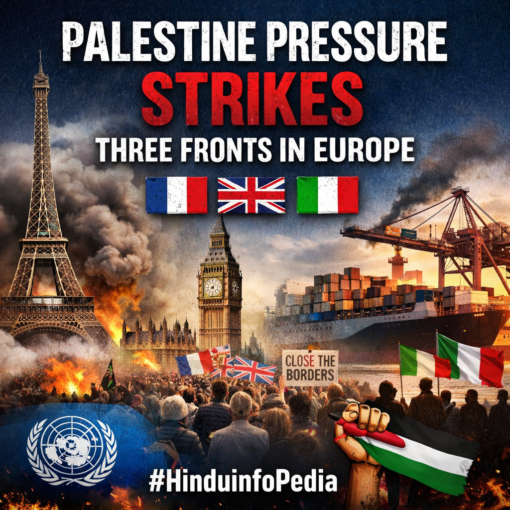 Palestine recognition, Europe politics, France protests, UK demonstrations, Italy port strike, Paris unrest, Big Ben protest, Genoa port blockade, global geopolitics, European foreign policy, international diplomacy, political pressure Europe, United Nations politics, HinduinfoPedia