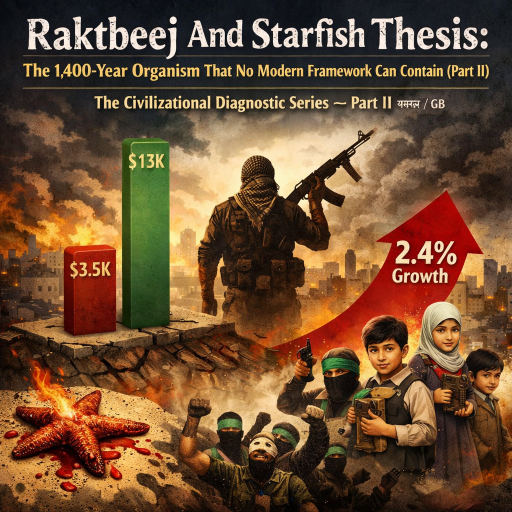 Raktbeej, starfish regeneration, civilizational thesis, demographic growth, population replication, mythological symbolism, geopolitical analysis, Palestine demographics, economic contrast, regeneration metaphor, Hindu mythology, ecosystem replication