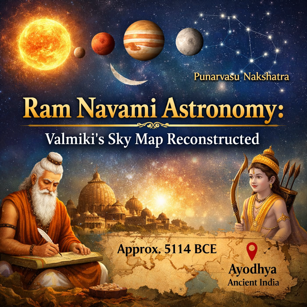 Ram Navami astronomy, Valmiki Ramayana, ancient Indian astronomy, Panchanga calendar, planetary alignment, Ayodhya skyline, celestial map, Vedic knowledge, sky reconstruction, Hindu astronomy