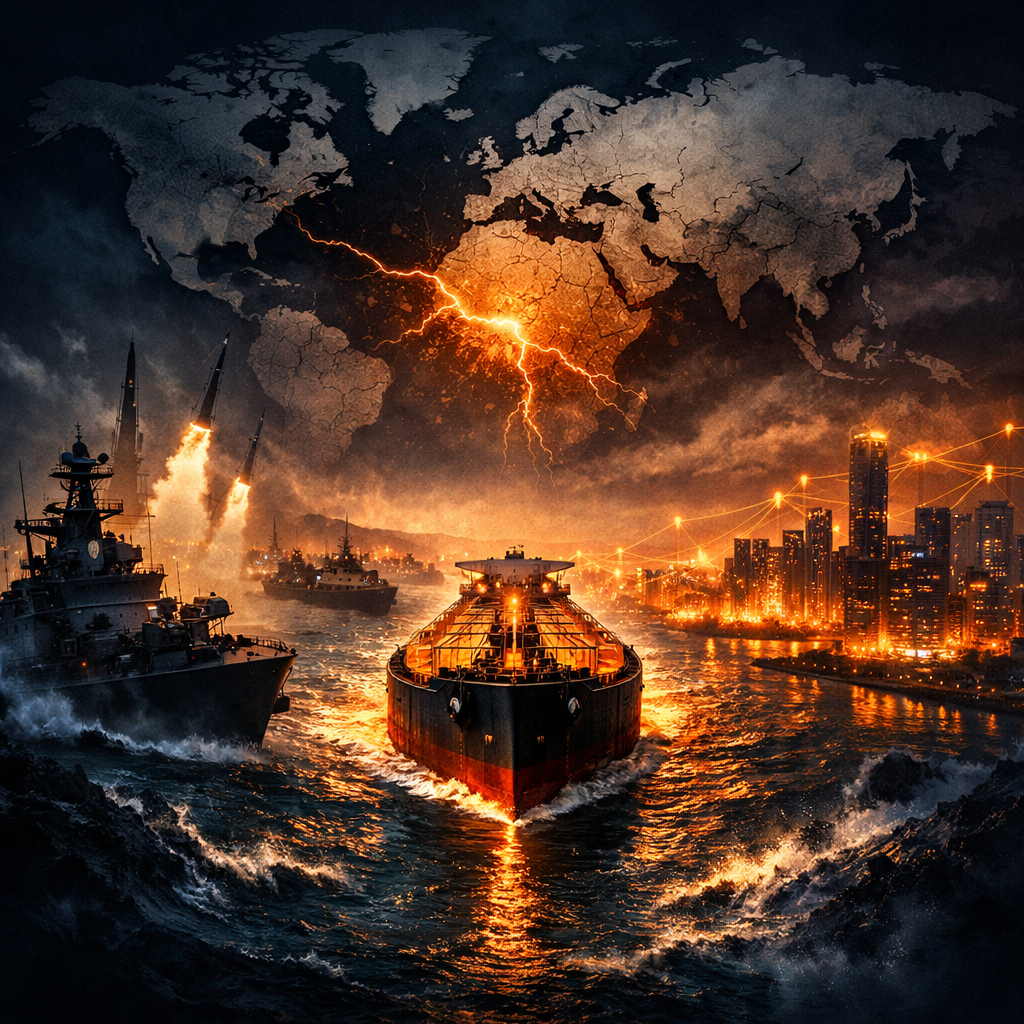 Strait of Hormuz, West Asia war, geopolitics, oil trade, global economy, conflict zone, energy crisis, supply chain, military tension, world map, strategic choke point, naval ships, international trade
