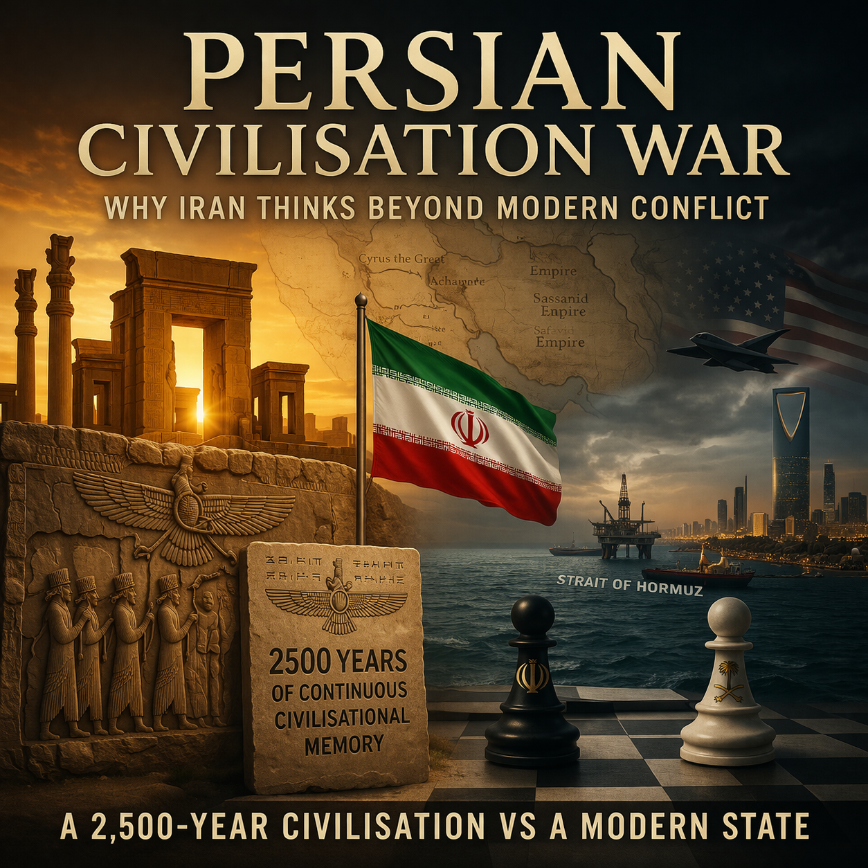 Iran, Persian civilisation, West Asia conflict, geopolitics, Hormuz crisis, ancient empires, strategic depth, Saudi Arabia, civilisational identity, global politics