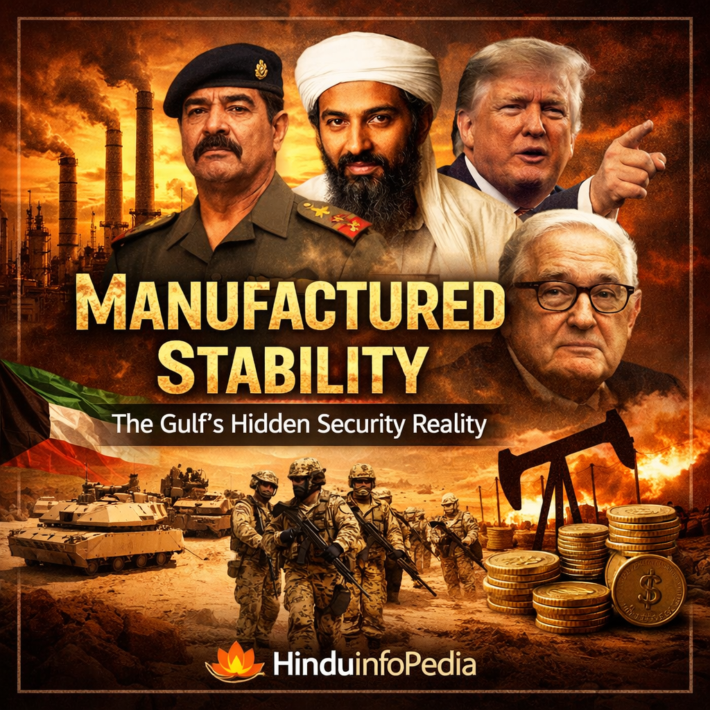 Manufactured Stability, Gulf geopolitics, West Asia conflict, petrodollar system, oil economy, US military presence, energy security, global power dynamics, Middle East history, strategic alliances, geopolitical analysis, HinduinfoPedia