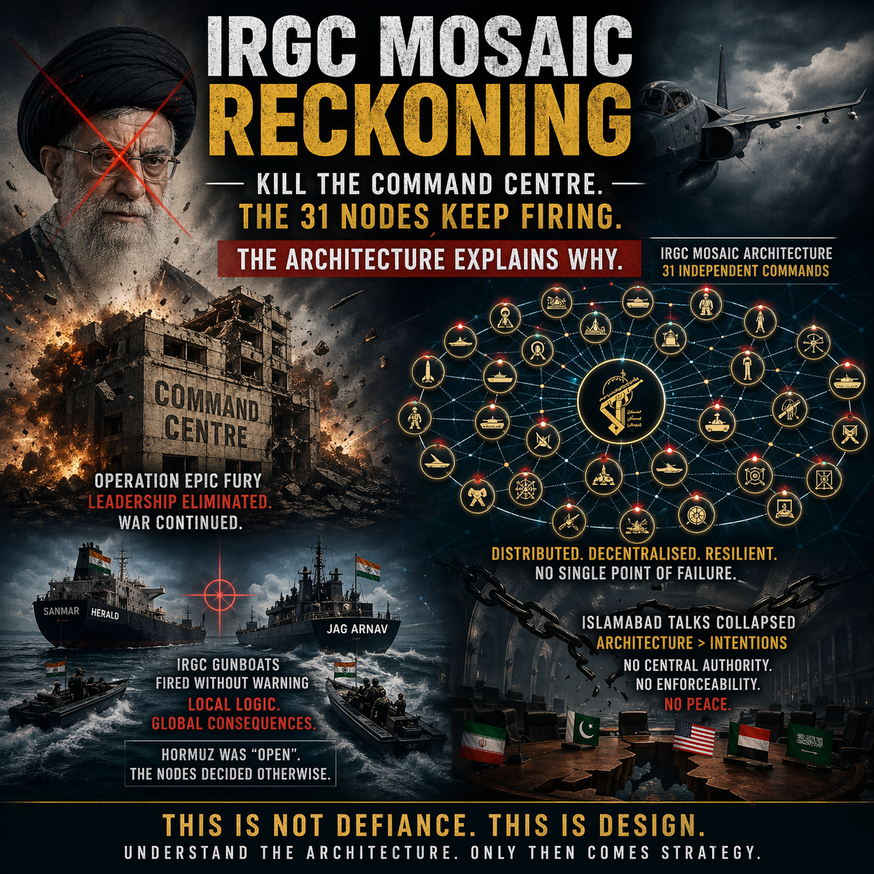 IRGC, Iran, distributed warfare, hierarchical war, military strategy, geopolitics, mosaic architecture, Hormuz Strait, naval conflict, ceasefire violations, defense systems, war analysis, strategic failure, Middle East conflict, HinduinfoPedia