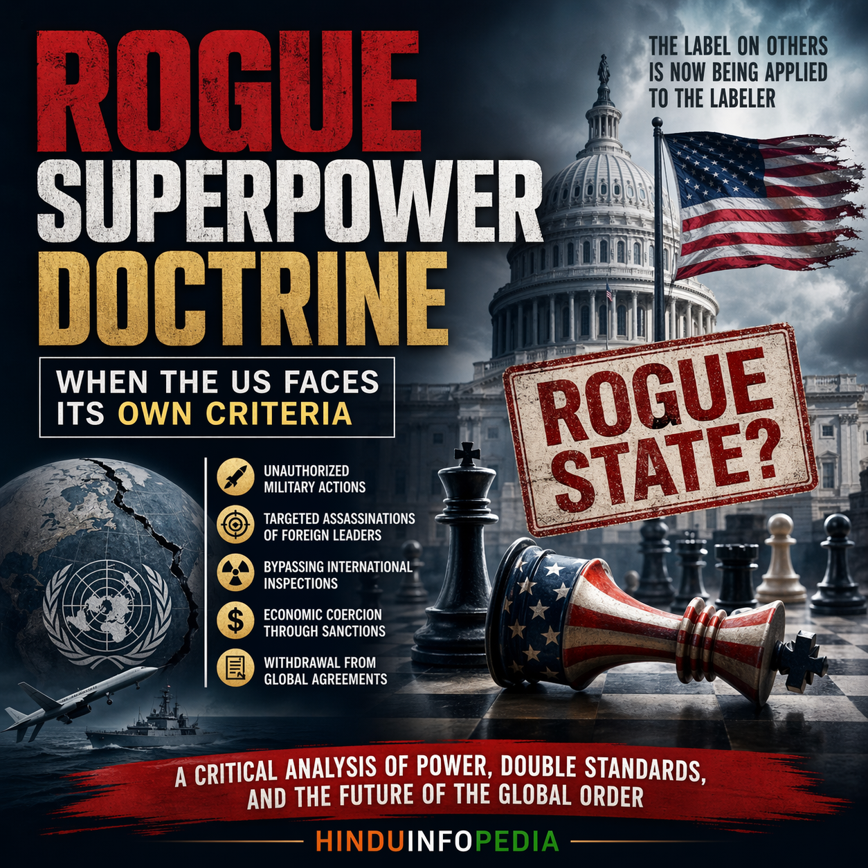 geopolitics, US foreign policy, rogue state, global order, sanctions, Iran conflict, power politics, international relations, United States, strategic doctrine, editorial graphic, political analysis
