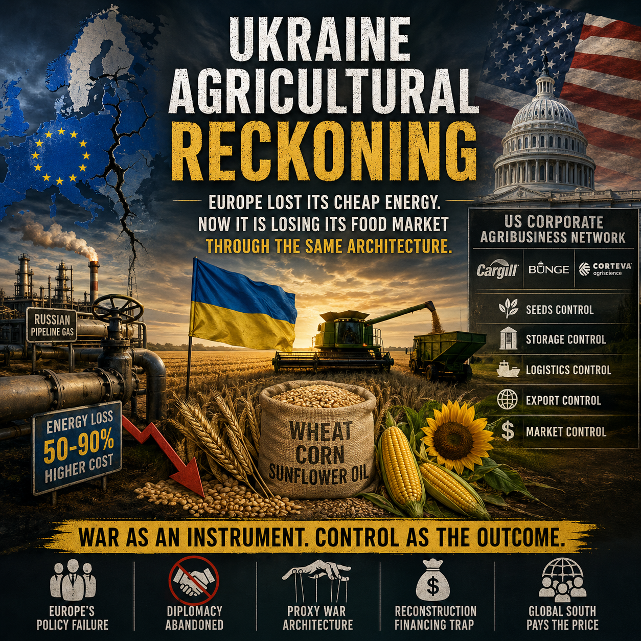 Ukraine, Europe, agriculture, food security, geopolitics, war economy, energy crisis, LNG, Russia, NATO, agribusiness, supply chain, corporate control, wheat, corn, sunflower oil, global markets, reconstruction financing, economic dependency, strategic conflict