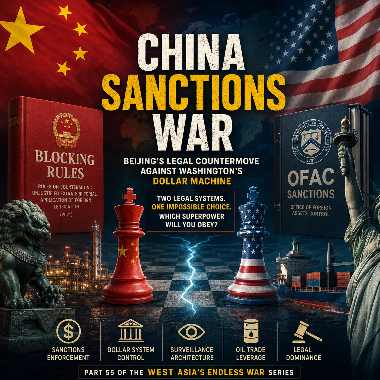 China sanctions war, US China conflict, OFAC sanctions, China Blocking Rules, dollar system, de-dollarisation, SWIFT, petroyuan, Iran oil trade, sanctions enforcement, global trade war, financial warfare, multipolar world, geopolitical conflict, dollar dominance, economic warfare, mBridge, West Asia, oil politics, HinduinfoPedia