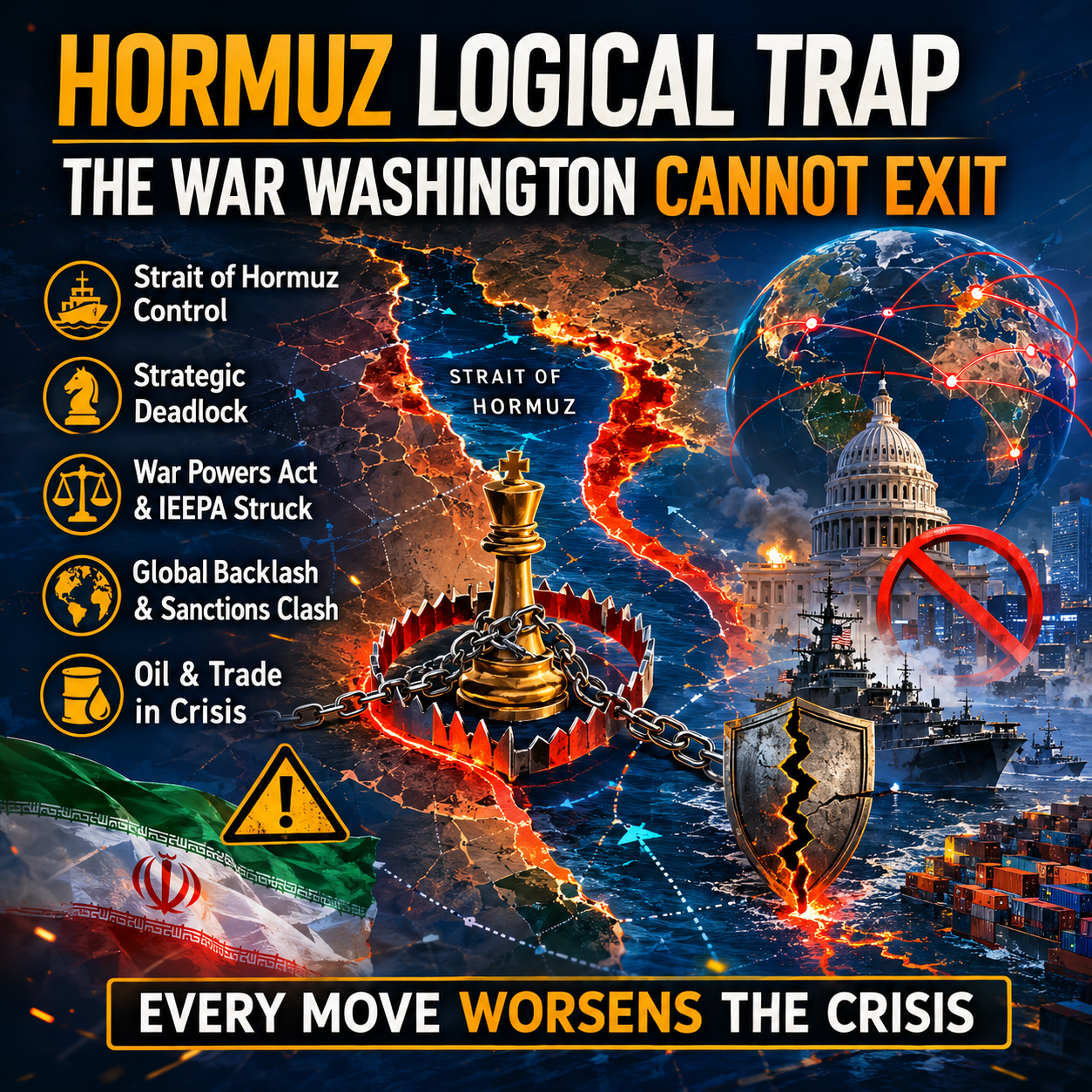 Hormuz Logical Trap, Strait of Hormuz, Iran War, Trump, IRGC, Middle East Conflict, Geopolitics, Oil Crisis, Naval Conflict, Global Trade, Sanctions War, Maritime Security, Strategic Deadlock, Fujairah Strikes, US Iran Conflict, Washington, Iran, Energy Crisis, Gulf Tensions, HinduinfoPedia