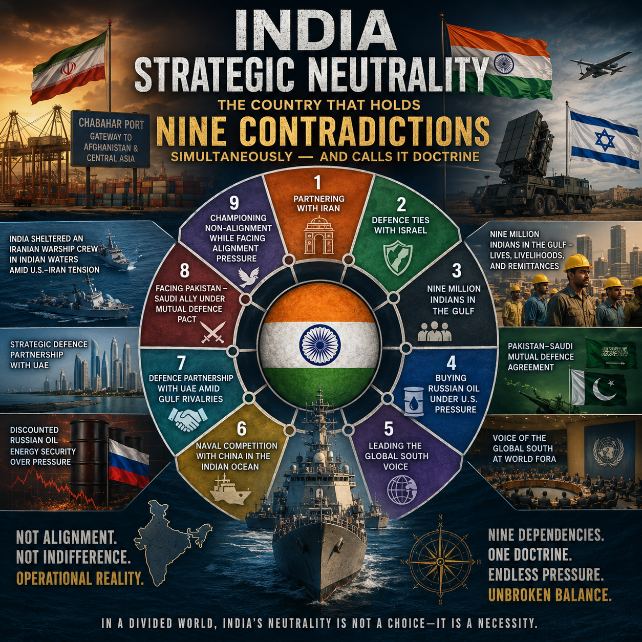 India Strategic Neutrality, geopolitics, West Asia conflict, Hormuz crisis, Iran India relations, Israel defence ties, Gulf diaspora, energy security, Russian oil, China India rivalry, UAE partnership, Pakistan Saudi alliance, global strategy, international relations, naval power, oil economy, global south, diplomacy, defence strategy, geopolitical analysis