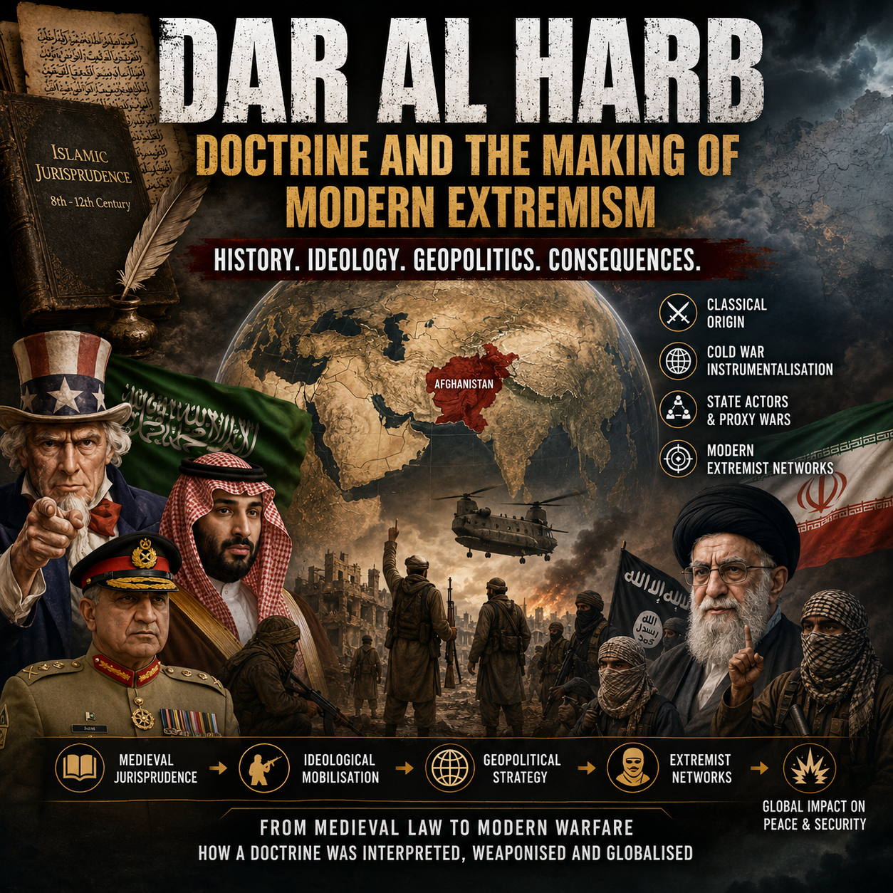 Dar Al Harb, West Asia, Afghanistan, Cold War, Islamic jurisprudence, geopolitical conflict, proxy war, Saudi Arabia, Iran, Pakistan, CIA, Taliban, Al Qaeda, extremism, ideology, militant networks, Wahhabism, political Islam, global security, HinduinfoPedia