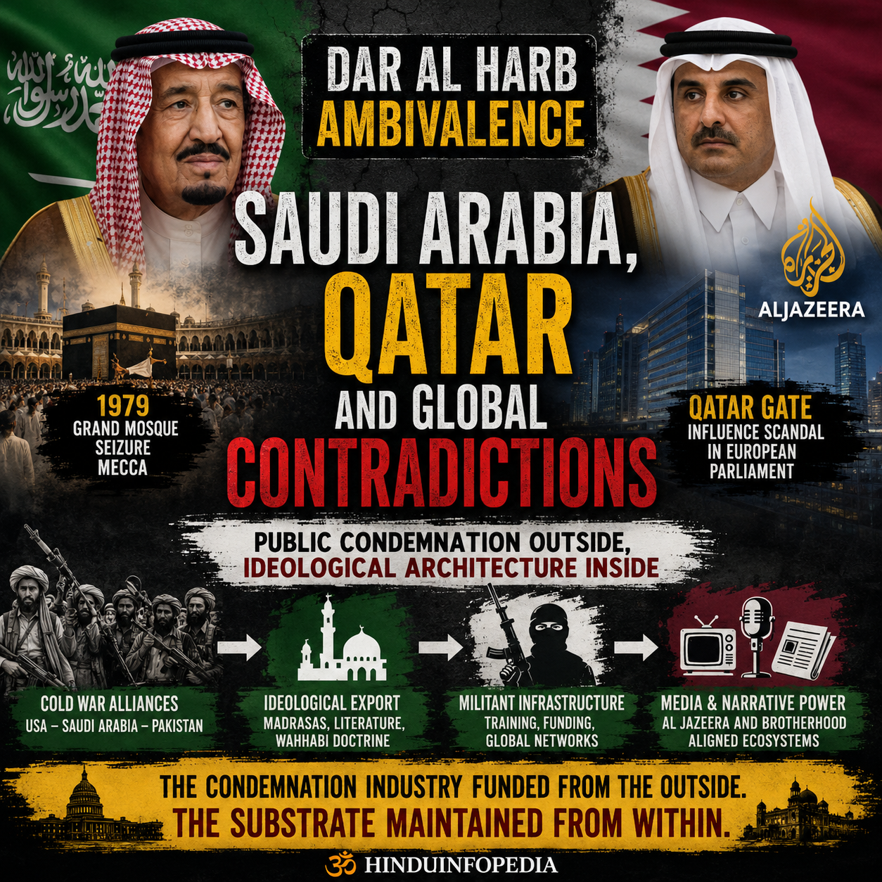 Saudi Arabia, Qatar, West Asia, Wahhabism, Political Islam, Al Jazeera, Muslim Brotherhood, Grand Mosque Seizure, Cold War, Afghanistan War, Global Terrorism, Geopolitics, Media Influence, Ideological Infrastructure, Middle East Conflict, Qatar Gate, Saudi Monarchy, Islamist Networks, Counterterrorism, HinduinfoPedia