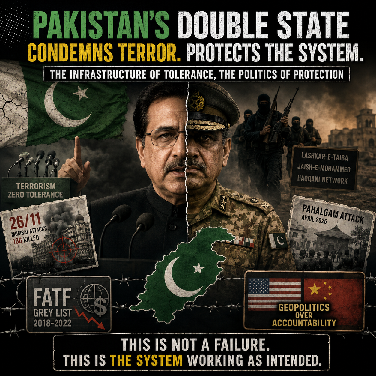 Pakistan, FATF, Mumbai attacks, Pahalgam attack, terrorism, geopolitical strategy, ISI, Lashkar e Taiba, Jaish e Mohammed, Haqqani Network, South Asia, West Asia, proxy warfare, institutional ambivalence, counterterrorism, geopolitical analysis, HinduinfoPedia, Pakistan military, security state, global politics