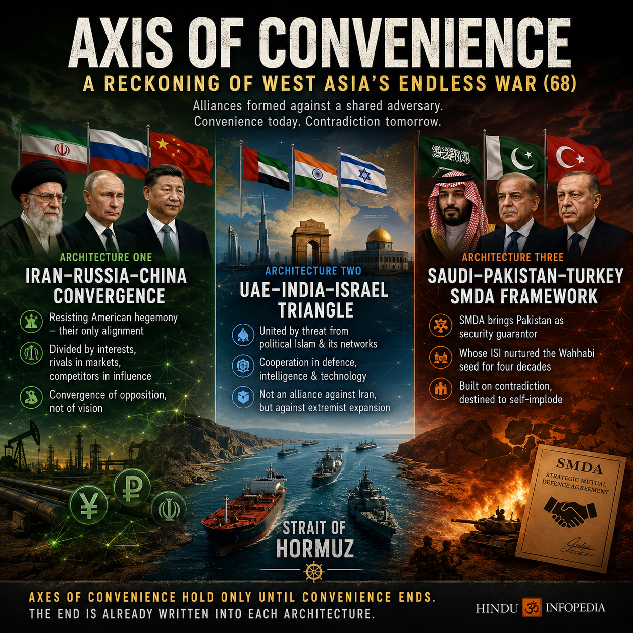 West Asia, Hormuz War, Iran, Russia, China, Saudi Arabia, Pakistan, Turkey, Israel, UAE, India, Geopolitics, Strait of Hormuz, SMDA, Abraham Accords, Political Islam, Muslim Brotherhood, Oil Politics, Strategic Alliance, Dedollarisation, Global Power Shift, Gulf Security, Middle East Conflict, HinduinfoPedia