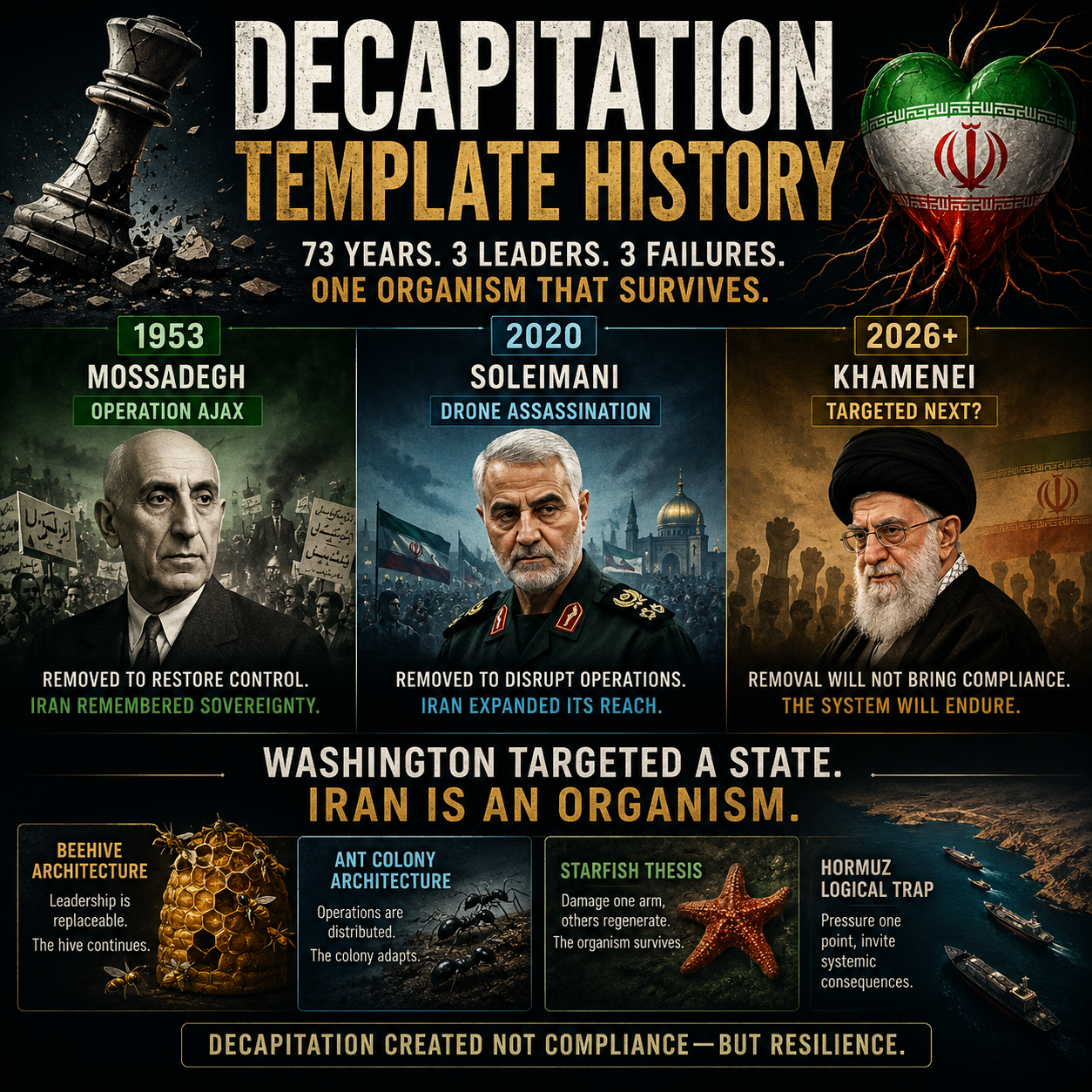 Decapitation Template, Iran, Mossadegh, Qasem Soleimani, Ali Khamenei, Operation Ajax, IRGC, Quds Force, Geopolitics, West Asia, Middle East, Regime Change, Leadership Removal, Strategic Doctrine, Hormuz Strait, Organism Model, Beehive Architecture, Ant Colony Architecture, Starfish Thesis, Iranian Resilience, Proxy Networks, Political Strategy, International Relations, Historical Analysis, HinduinfoPedia
