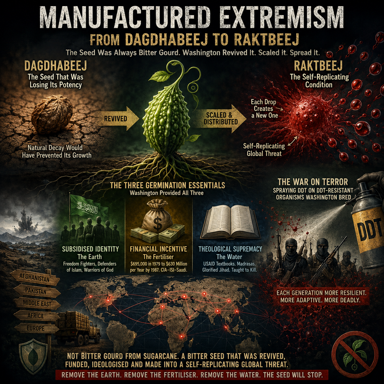 Manufactured Extremism, West Asia, Middle East, War On Terror, Afghanistan, Iran, CIA, ISI, Saudi Arabia, Wahhabism, Mujahideen, Proxy War, Geopolitics, Global Terrorism, Counterterrorism, Raktbeej, Dagdhabeej, Starfish Thesis, Operation Cyclone, Cold War, Islamic Extremism, Security Studies, Political Islam, Strategic Conflict, Global Networks, HinduinfoPedia