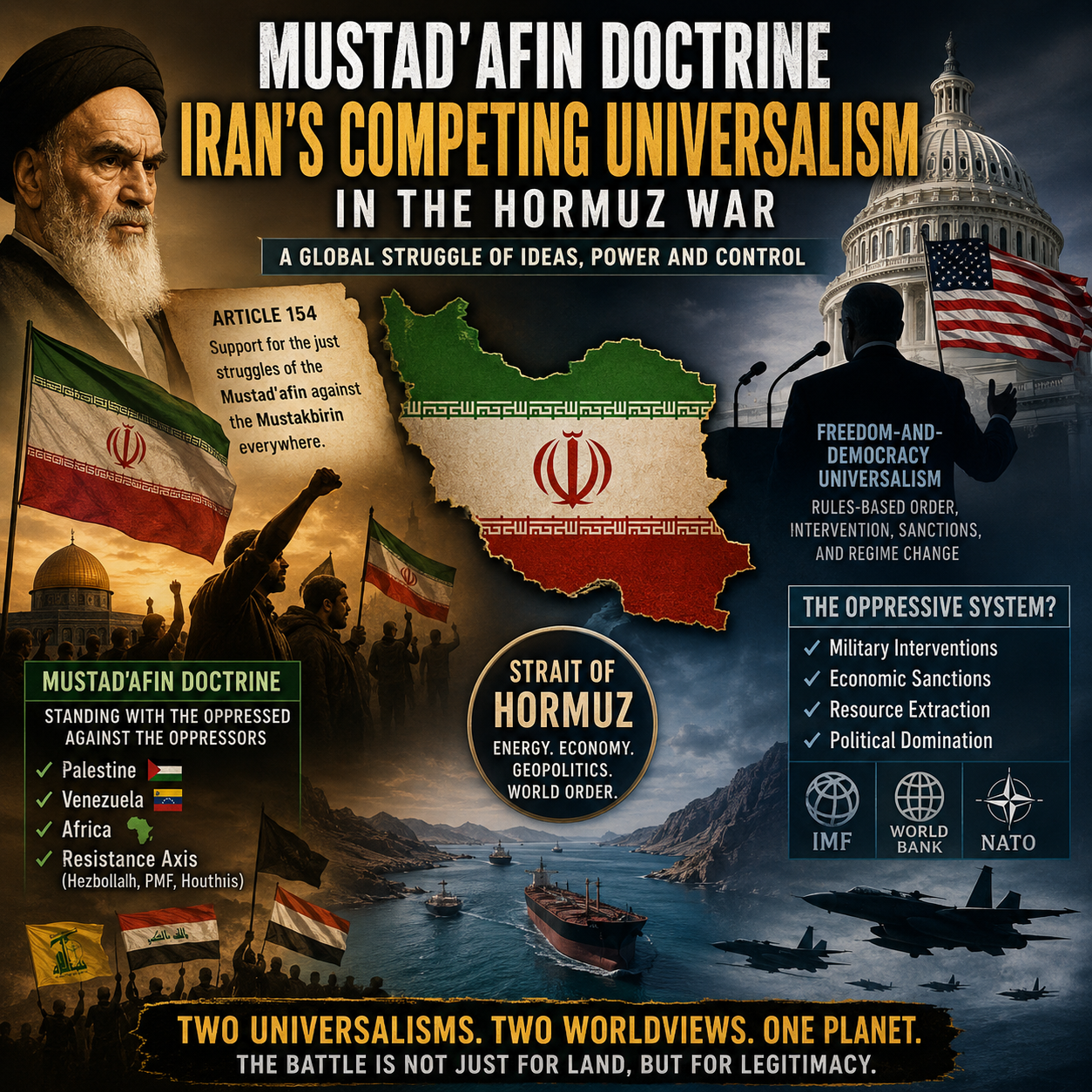 Iran, Mustad'afin Doctrine, Strait of Hormuz, Geopolitics, Middle East, Global South, Khomeini, Washington, Oil Trade, World Order, Iran US Conflict, Political Islam, NATO, IMF, World Bank, Resistance Axis, Palestine, Sanctions, Maritime Conflict, Energy Security, HinduinfoPedia