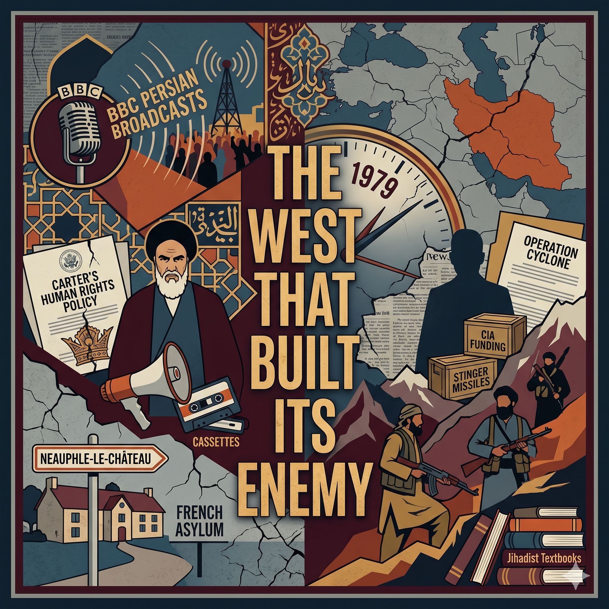 West Asia, geopolitical history, 1979 revolution, Iranian Revolution, Ayatollah Khomeini, BBC Persian, Carter human rights policy, Neauphle-le-Chateau, French asylum, Operation Cyclone, CIA covert operations, Mujahideen, Cold War blowback, political graphic art, digital illustration