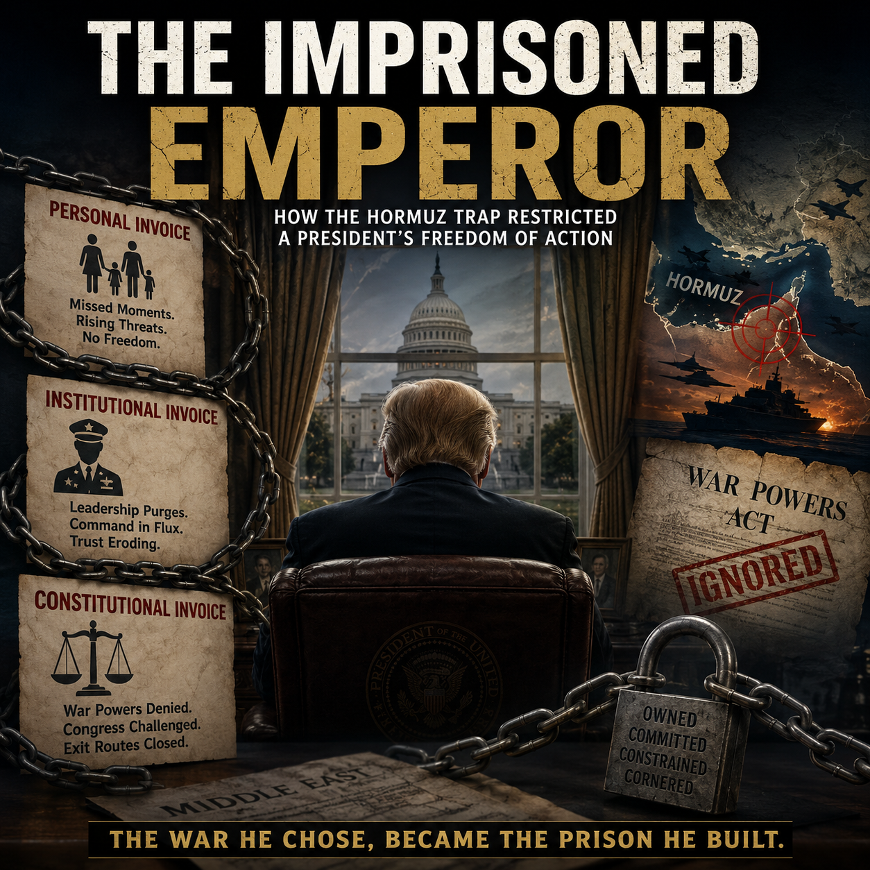 The Imprisoned Emperor, Hormuz Crisis, Strait of Hormuz, Iran Conflict, Donald Trump, White House, Oval Office, Geopolitics, War Powers Act, Congress, Senate, National Security, Military Leadership, Constitutional Authority, Foreign Policy, Strategic Trap, Political Leadership, Middle East Conflict, War Strategy, Executive Power, Leadership Crisis, Political Analysis, Naval Conflict, International Relations, HinduinfoPedia