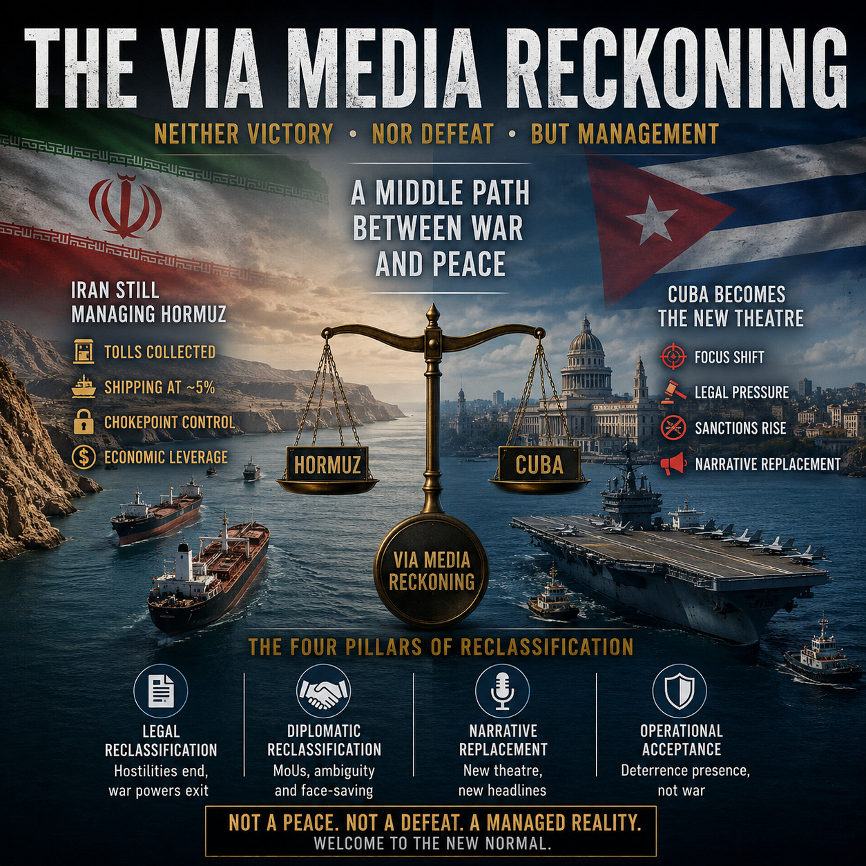 Via Media Reckoning, Iran War, Strait of Hormuz, Cuba, USS Ford, USS Nimitz, Aircraft Carrier, Naval Strategy, Geopolitics, Maritime Security, Hormuz Crisis, Status Quo, Military Strategy, Strategic Shift, Iran, United States, Carrier Deployment, Naval Power, Gulf Shipping, Chokepoint Control, Deterrence, War Powers Act, Middle East, Caribbean, Global Strategy, Narrative Replacement, Diplomatic Strategy, Strategic Competition, West Asia, HinduinfoPedia