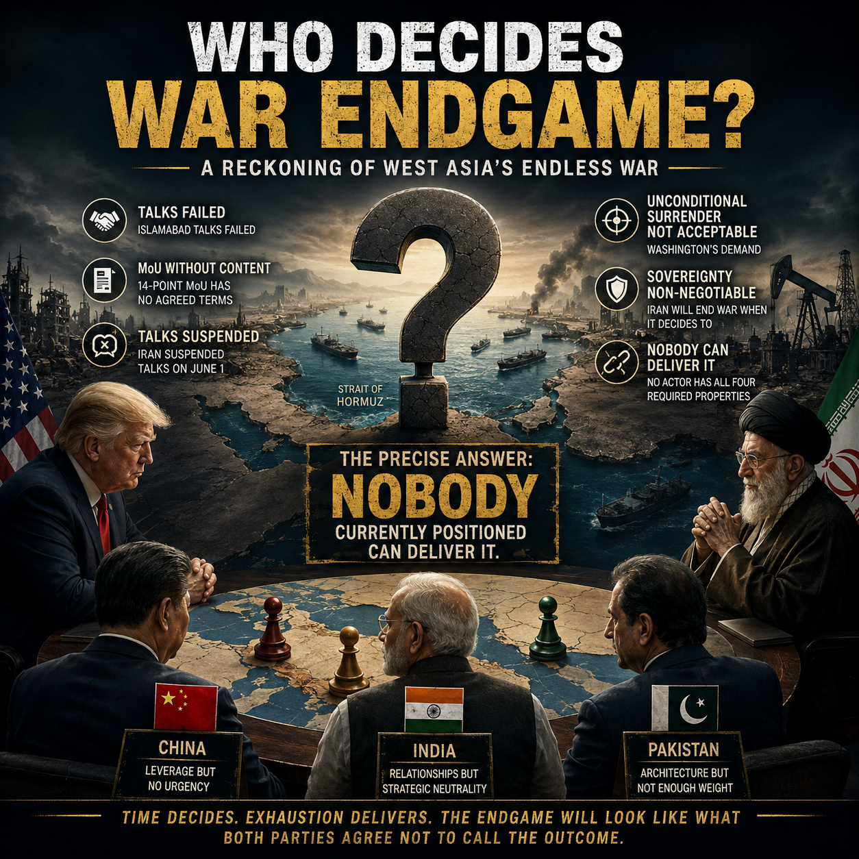 West Asia, Endless War, Hormuz Strait, Iran, Israel, United States, China, India, Pakistan, Geopolitics, War Endgame, Diplomacy, Strategic Neutrality, Global Order, Energy Security, Oil Trade, Maritime Security, International Relations, Conflict Resolution, Middle East, Great Power Competition, Negotiations, Proxy Warfare, Global Strategy, HinduinfoPedia
