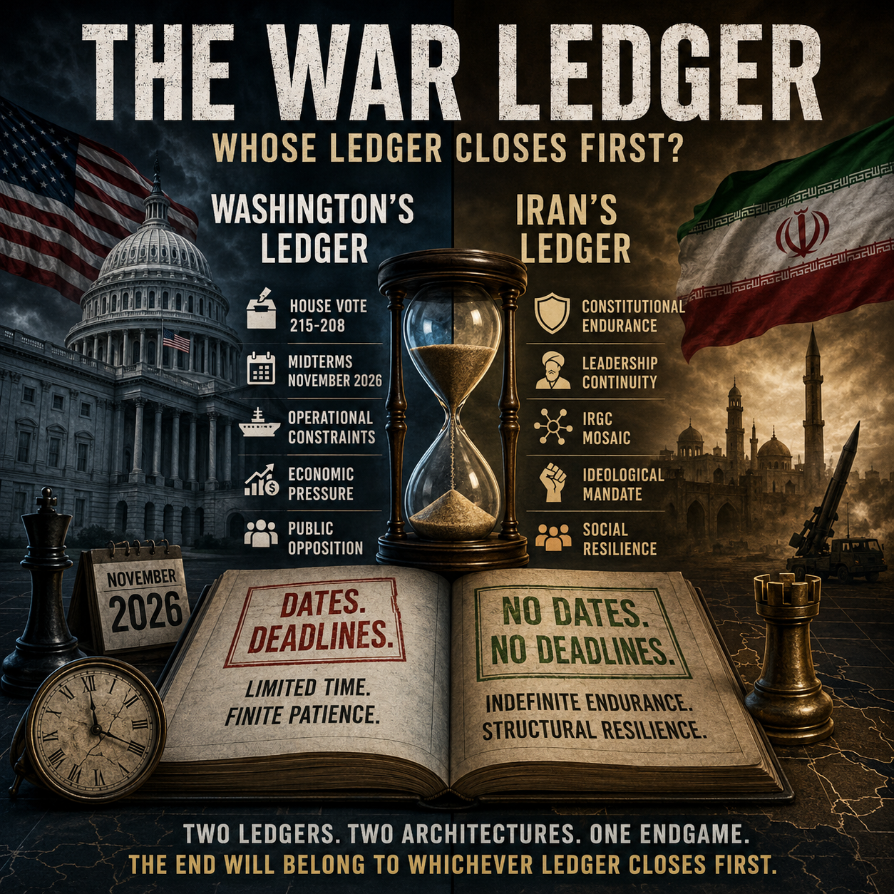 War Ledger, Iran, United States, Washington, Geopolitics, West Asia, Middle East Conflict, Strategic Patience, Active Deterrence, Hormuz Strait, Congress, Midterm Elections, Political Constraints, Military Strategy, Constitutional Architecture, US Navy, Fifth Fleet, Iran Doctrine, International Relations, Oil Markets, Global Security, Power Politics, Electoral Pressure, Strategic Endurance, HinduinfoPedia