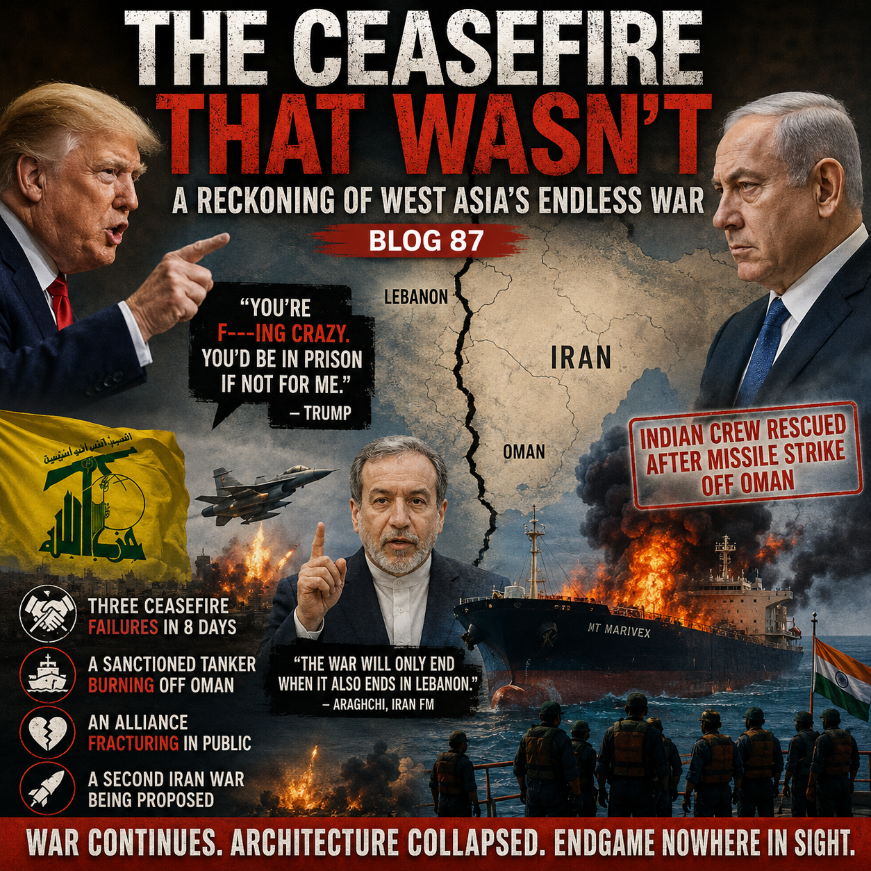 West Asia War, Iran, Israel, Lebanon, Trump, Netanyahu, Hezbollah, Ceasefire, Middle East, Hormuz, Oman, Oil Tanker, MT Marivex, Indian Navy, Maritime Security, Geopolitics, Regional Conflict, Military Escalation, Iran Israel Conflict, Strategic Analysis, War Endgame, International Relations, Shipping Crisis, Gulf Region, HinduinfoPedia